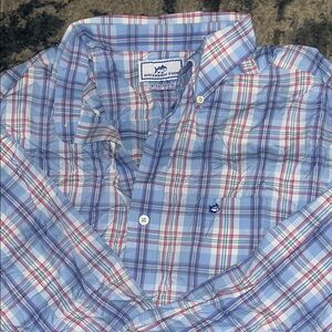 Southern Tide Men's Blue and Red Plaid Shirt